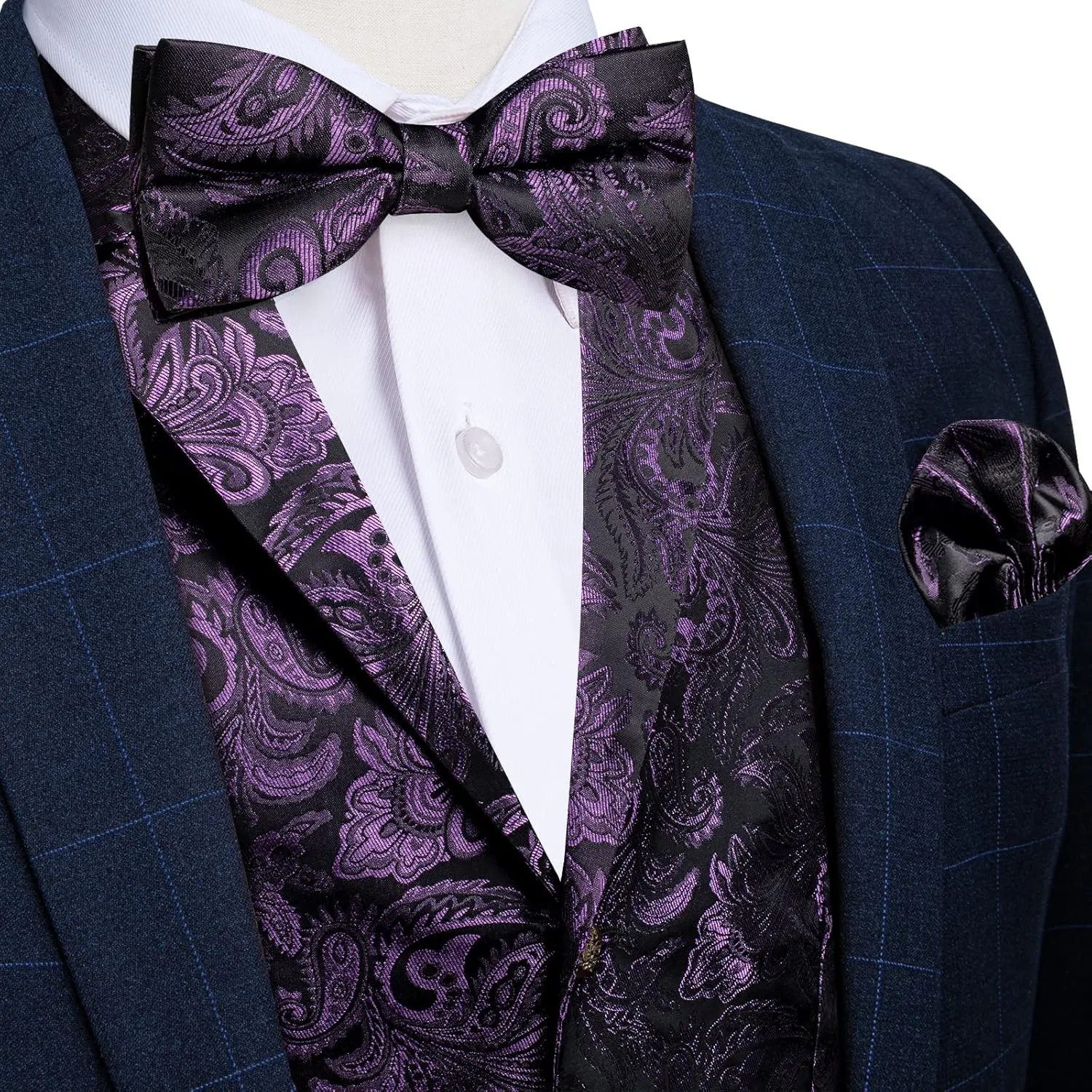 DiBanGu 5PCS Men's Suit Vest and Bow Tie Pocket Square Cufflinks Lapel Pin Set Shawl Collar Paisley Waistcoat Wedding Party