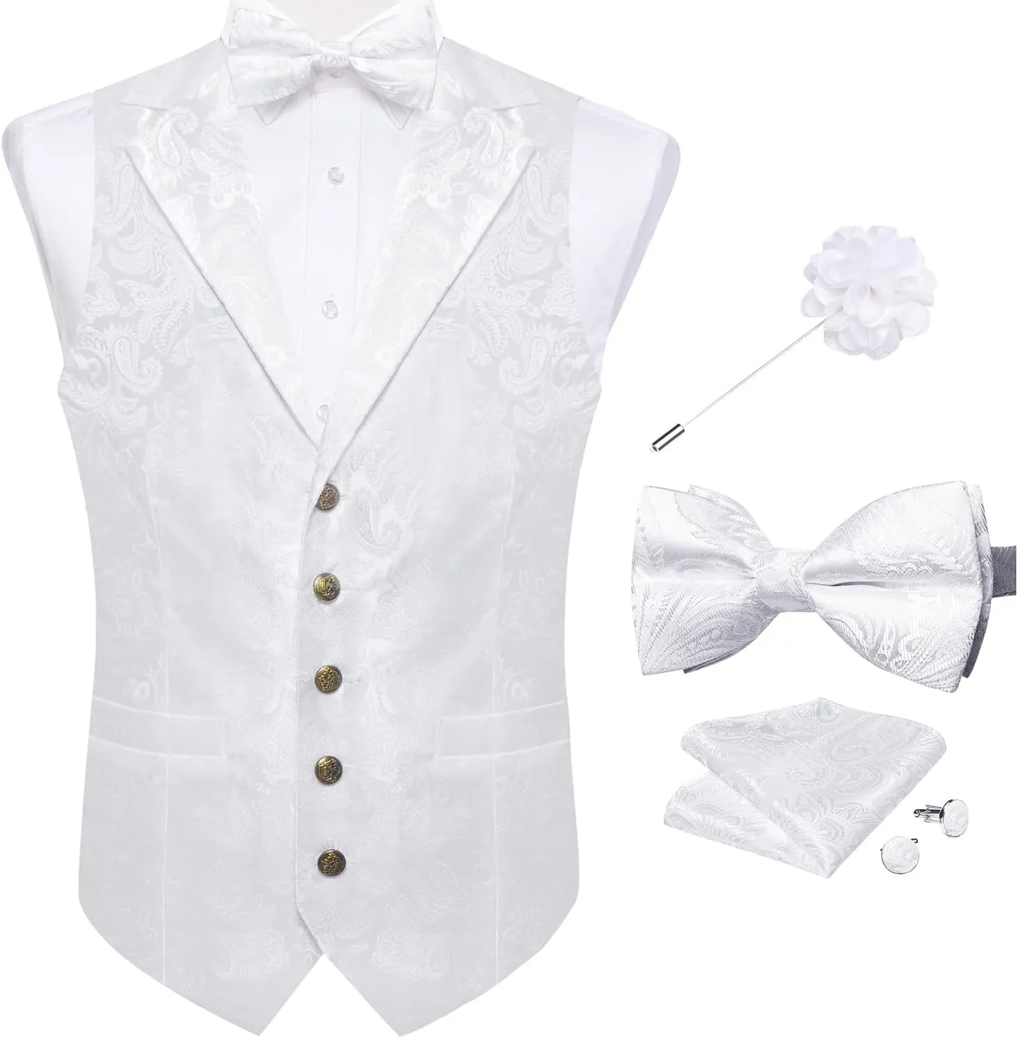 DiBanGu 5PCS Men's Suit Vest and Bow Tie Pocket Square Cufflinks Lapel Pin Set Shawl Collar Paisley Waistcoat Wedding Party