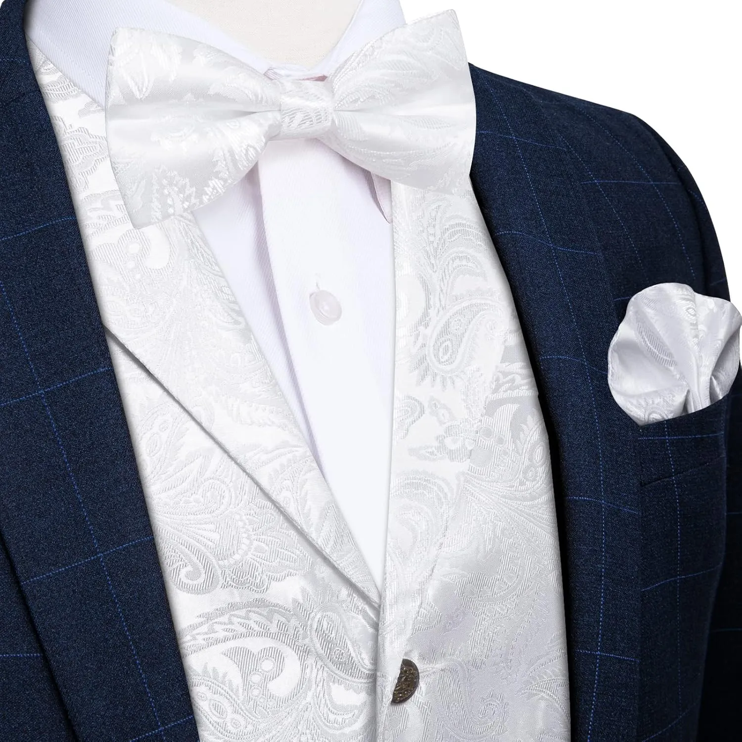 DiBanGu 5PCS Men's Suit Vest and Bow Tie Pocket Square Cufflinks Lapel Pin Set Shawl Collar Paisley Waistcoat Wedding Party