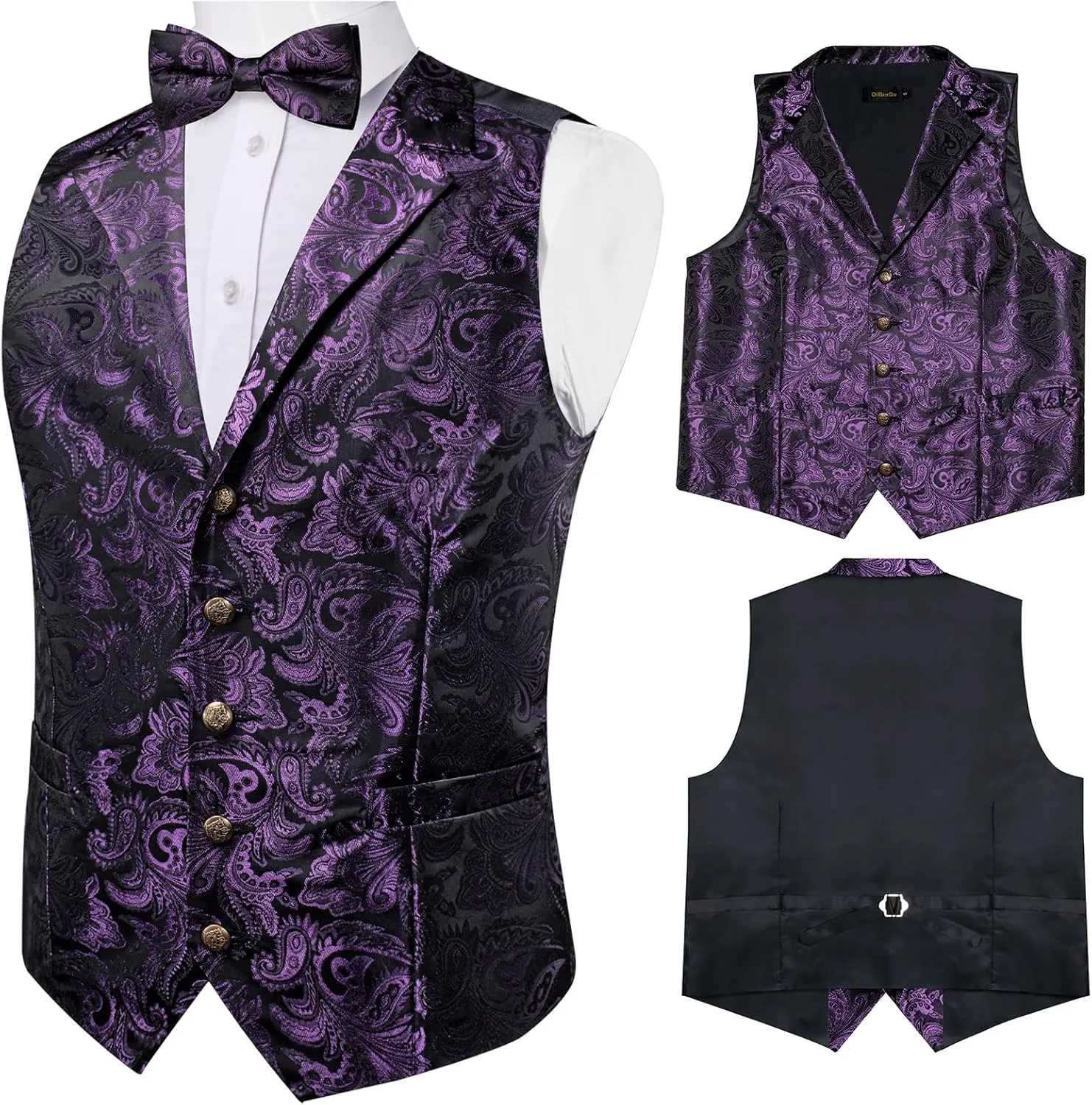 DiBanGu 5PCS Men's Suit Vest and Bow Tie Pocket Square Cufflinks Lapel Pin Set Shawl Collar Paisley Waistcoat Wedding Party