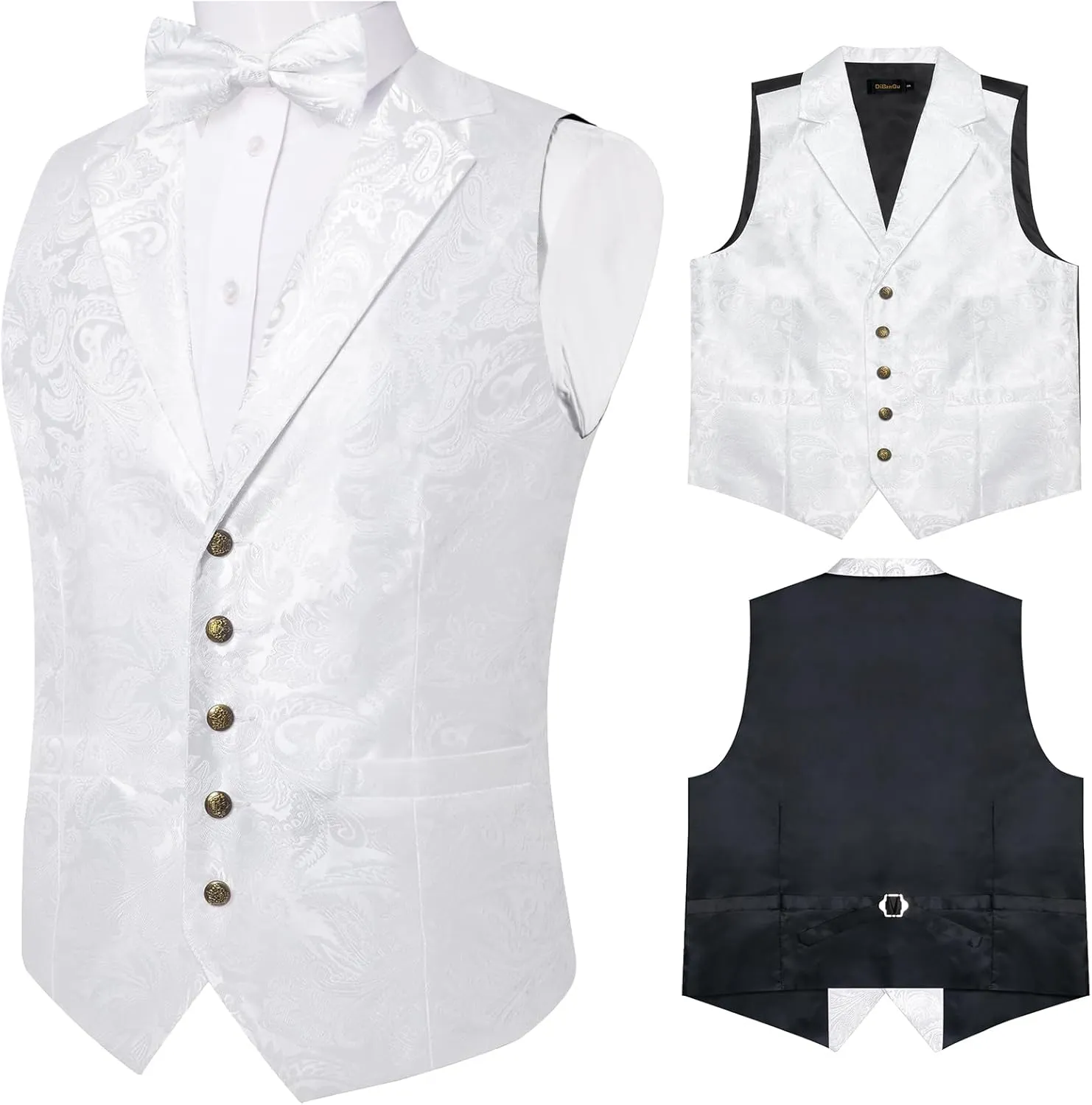 DiBanGu 5PCS Men's Suit Vest and Bow Tie Pocket Square Cufflinks Lapel Pin Set Shawl Collar Paisley Waistcoat Wedding Party