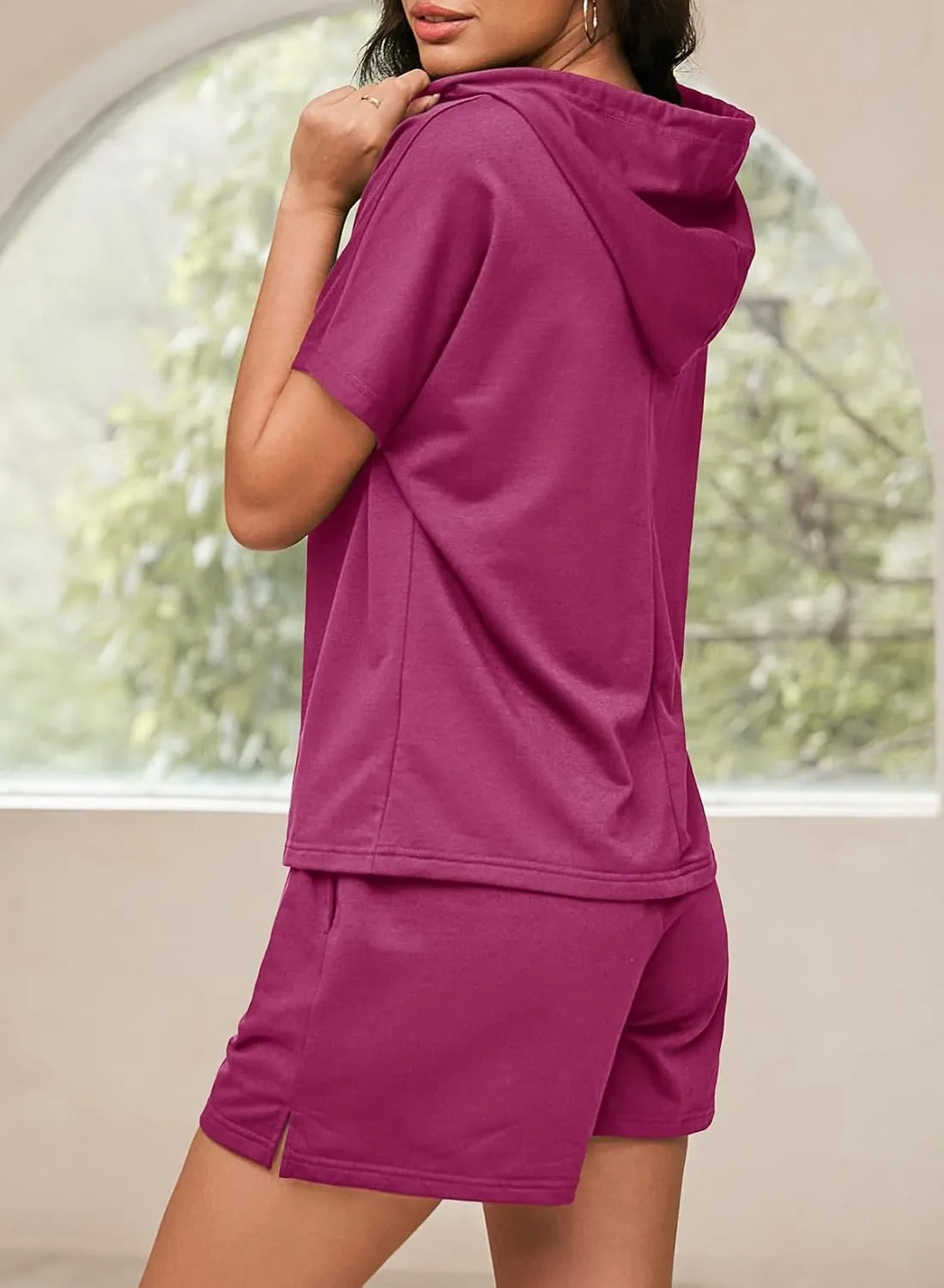 Dokotoo Women's 2 Piece Outfits Summer Sweatsuit Short Sleeve Drawstring Hoodies and Lounge Sets With Pocket