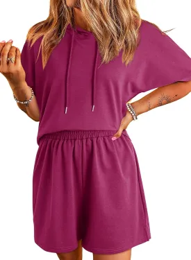 Dokotoo Women's 2 Piece Outfits Summer Sweatsuit Short Sleeve Drawstring Hoodies and Lounge Sets With Pocket