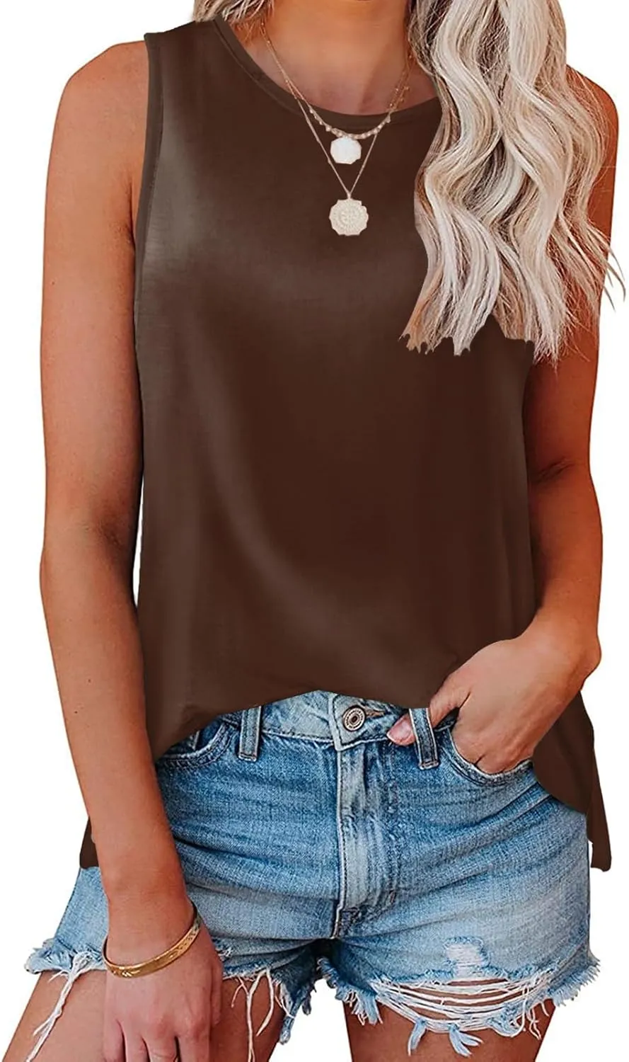 ETCYY NEW Womens Silk Satin Tank Tops Crew Neck Casual Sleeveless Tank Shirt Summer Basic Top