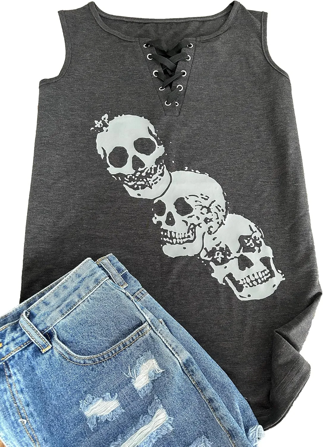 Fensajomon Skull Shirt for Women V Neck Lace Up Sleeveless Casual Summer Workout Yoga Tank Top