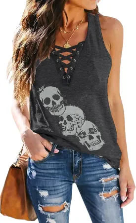 Fensajomon Skull Shirt for Women V Neck Lace Up Sleeveless Casual Summer Workout Yoga Tank Top