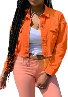 FEORJGP Women Crop Denim Jacket Button Down Distressed Ripped Hem Jacket Long Sleeve Lapel Cropped Jean Jacket 90s Streetwear