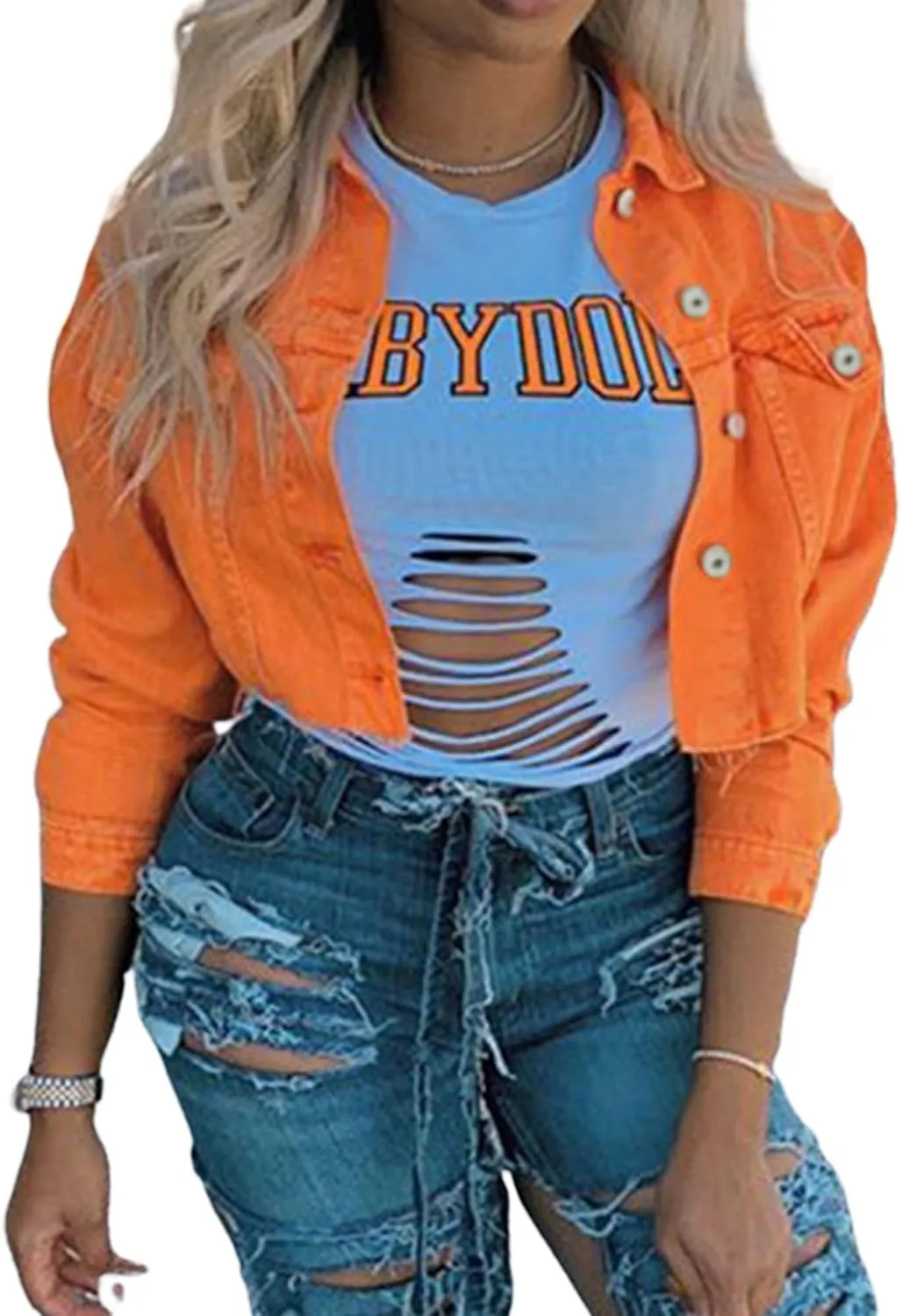 FEORJGP Women Crop Denim Jacket Button Down Distressed Ripped Hem Jacket Long Sleeve Lapel Cropped Jean Jacket 90s Streetwear