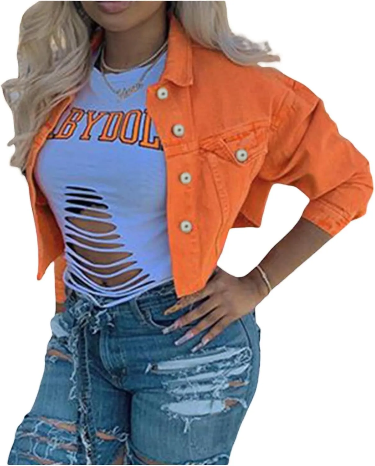 FEORJGP Women Crop Denim Jacket Button Down Distressed Ripped Hem Jacket Long Sleeve Lapel Cropped Jean Jacket 90s Streetwear