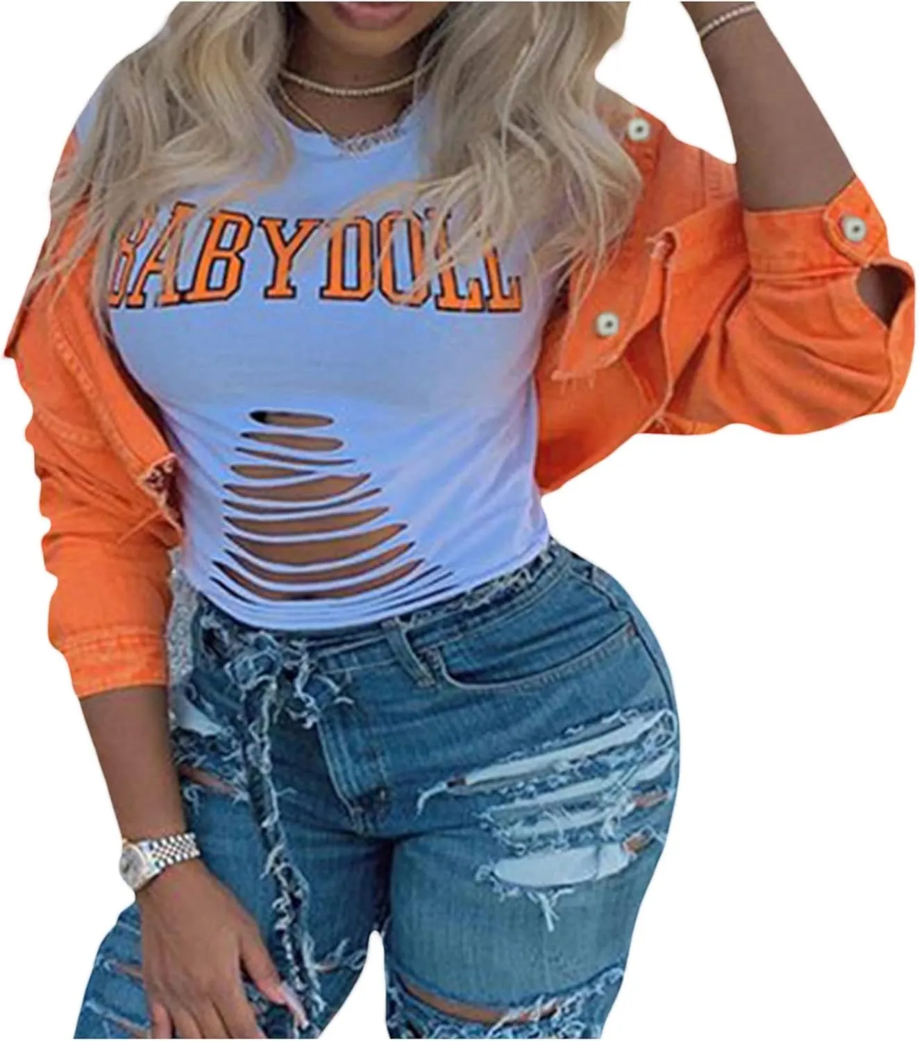 FEORJGP Women Crop Denim Jacket Button Down Distressed Ripped Hem Jacket Long Sleeve Lapel Cropped Jean Jacket 90s Streetwear