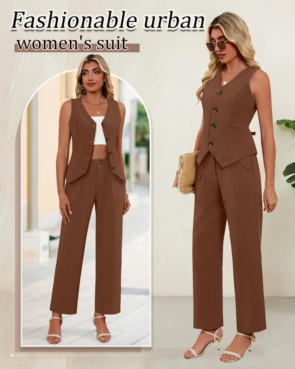 Ficerd Women's 2 Piece Outfits, Sleeveless Cotton Suit Vest and Wide Leg Pant Summer Business Casual Button V Neck Blazer Set