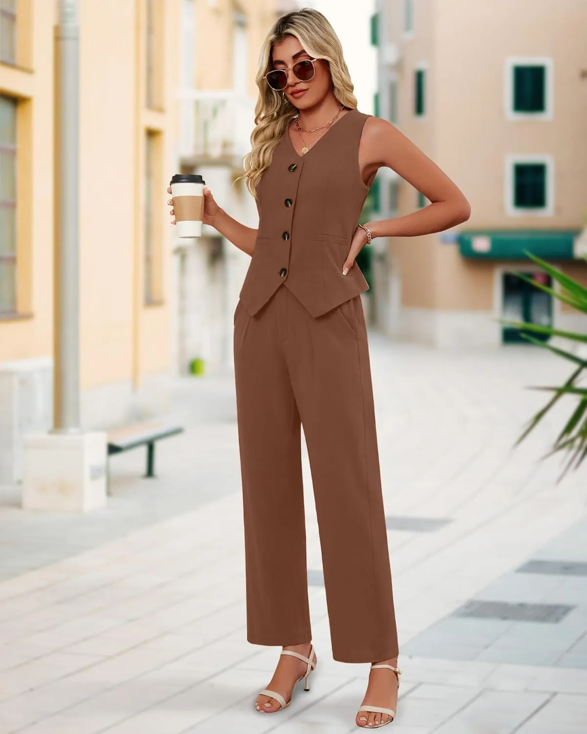 Ficerd Women's 2 Piece Outfits, Sleeveless Cotton Suit Vest and Wide Leg Pant Summer Business Casual Button V Neck Blazer Set