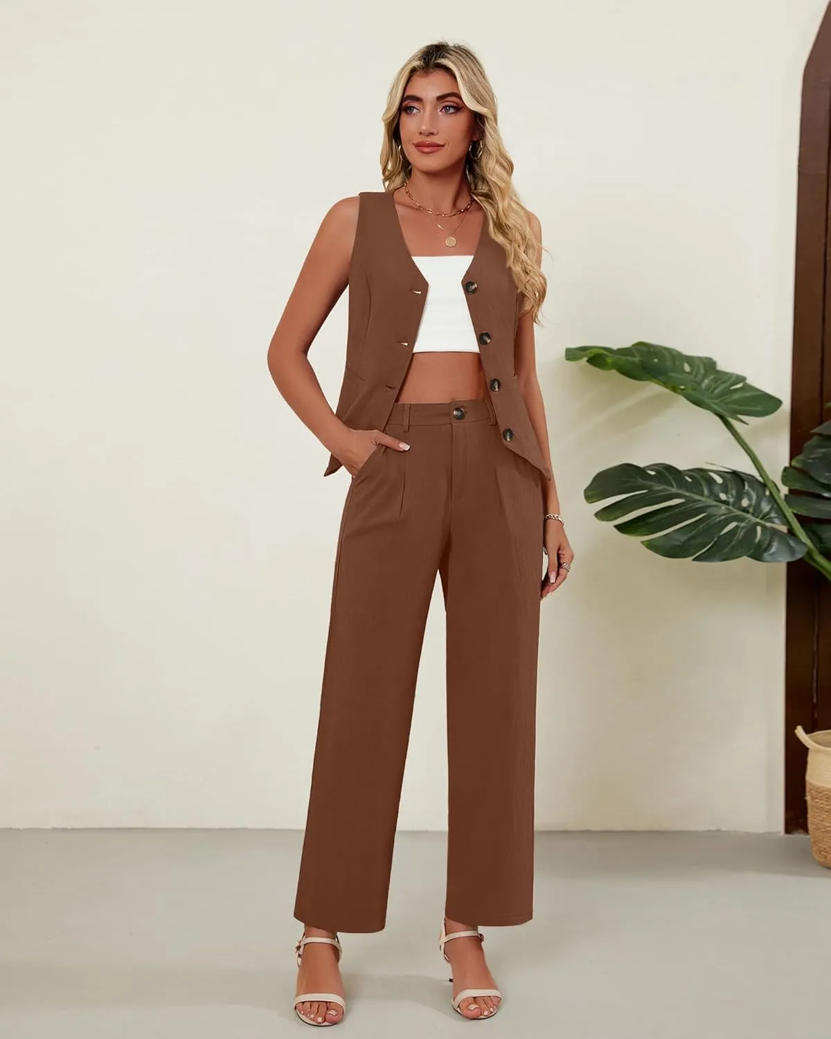 Ficerd Women's 2 Piece Outfits, Sleeveless Cotton Suit Vest and Wide Leg Pant Summer Business Casual Button V Neck Blazer Set