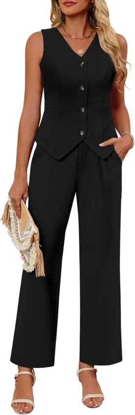 Ficerd Women's 2 Piece Outfits, Sleeveless Cotton Suit Vest and Wide Leg Pant Summer Business Casual Button V Neck Blazer Set