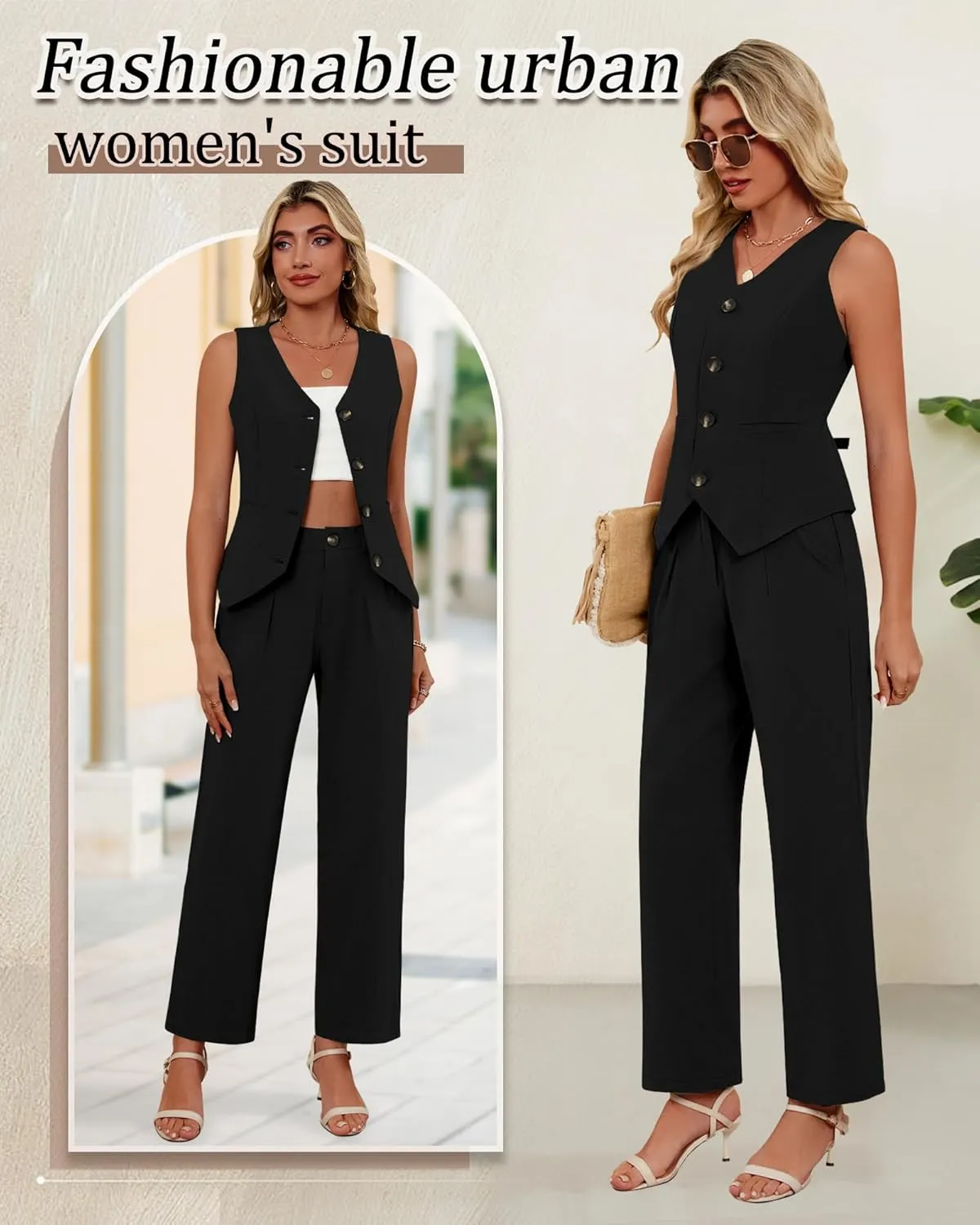 Ficerd Women's 2 Piece Outfits, Sleeveless Cotton Suit Vest and Wide Leg Pant Summer Business Casual Button V Neck Blazer Set