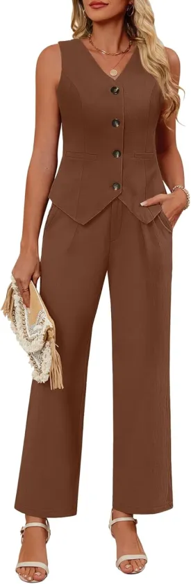 Ficerd Women's 2 Piece Outfits, Sleeveless Cotton Suit Vest and Wide Leg Pant Summer Business Casual Button V Neck Blazer Set