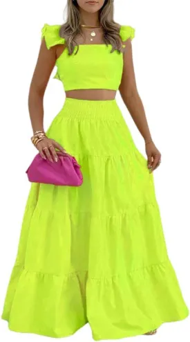 Fronage Women's 2 Piece Outifits Ruffle Sleeve Tank Top and High Waist Tiered Maxi Skirt Summer Casual Beach Dress Set