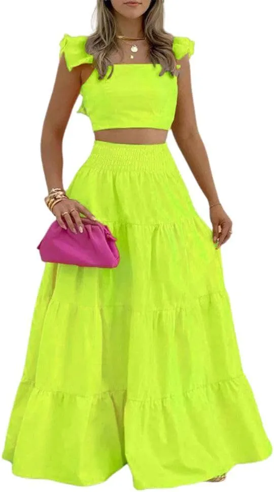 Fronage Women's 2 Piece Outifits Ruffle Sleeve Tank Top and High Waist Tiered Maxi Skirt Summer Casual Beach Dress Set