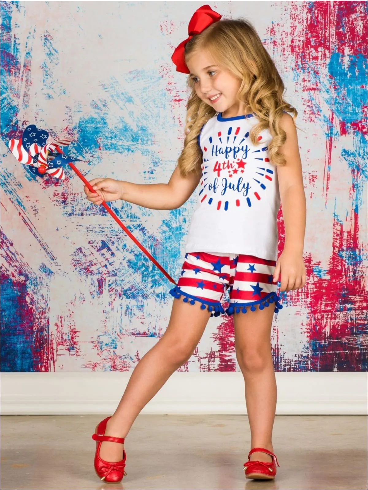 Girls Fourth of July "Happy 4th of July" Sleeveless Printed Top And American Flag Pom Pom Short Set