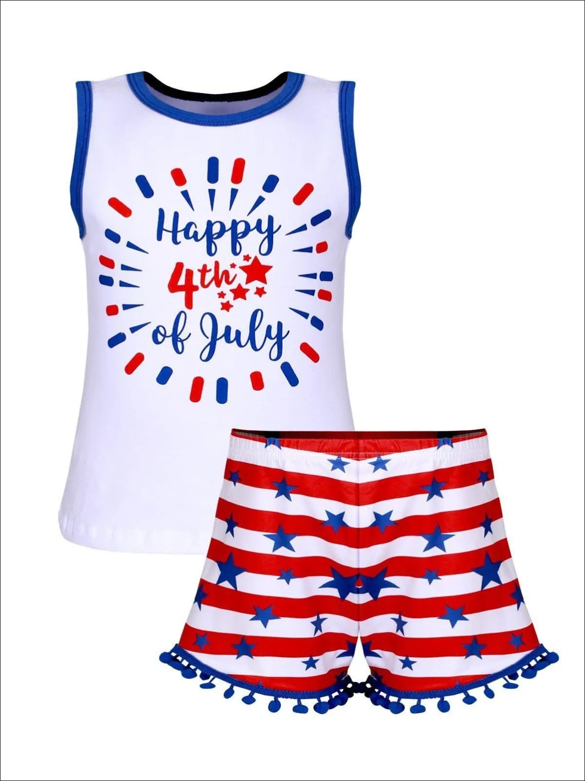 Girls Fourth of July "Happy 4th of July" Sleeveless Printed Top And American Flag Pom Pom Short Set