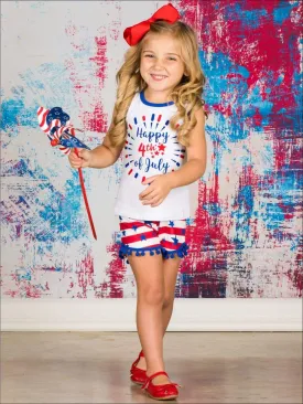 Girls Fourth of July "Happy 4th of July" Sleeveless Printed Top And American Flag Pom Pom Short Set