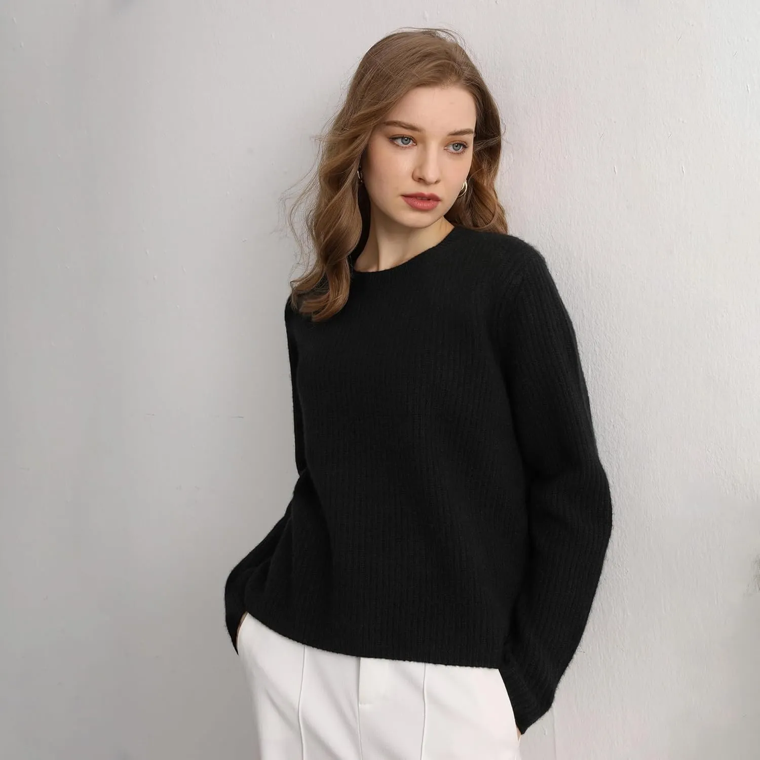 GreenMount Cashmere Sweaters for Women Essential Crewneck Ribbed Long Sleeve Pullover Sweater