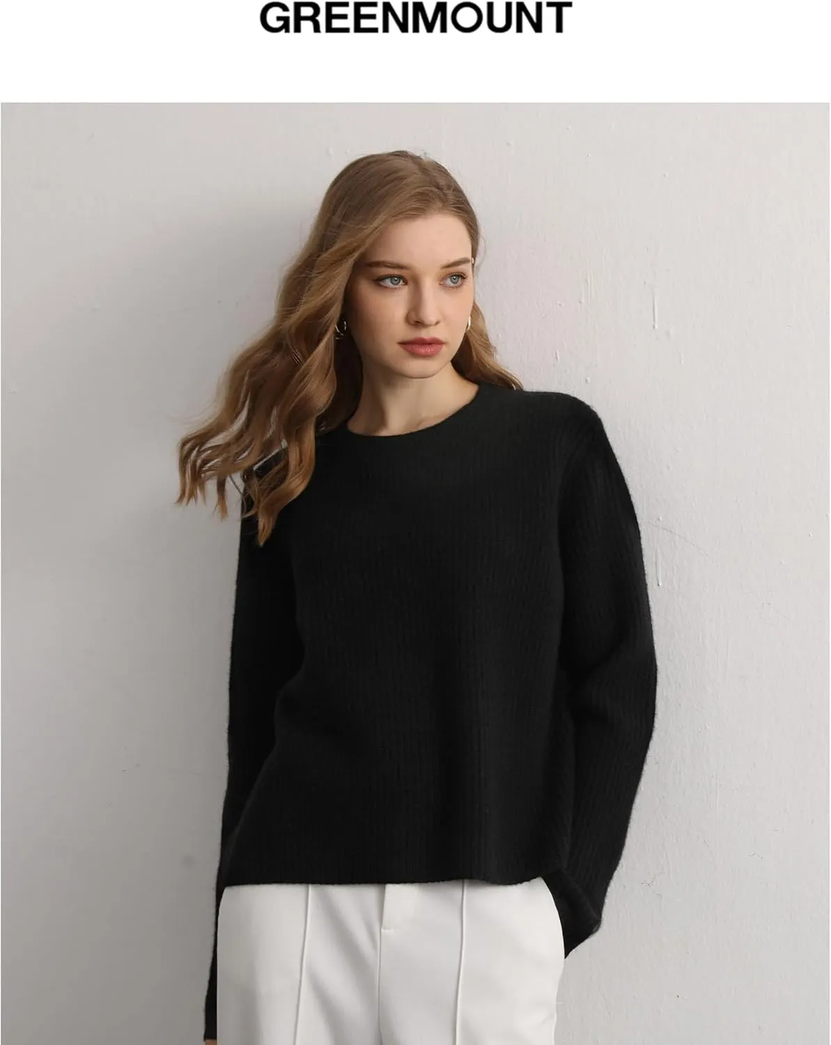 GreenMount Cashmere Sweaters for Women Essential Crewneck Ribbed Long Sleeve Pullover Sweater