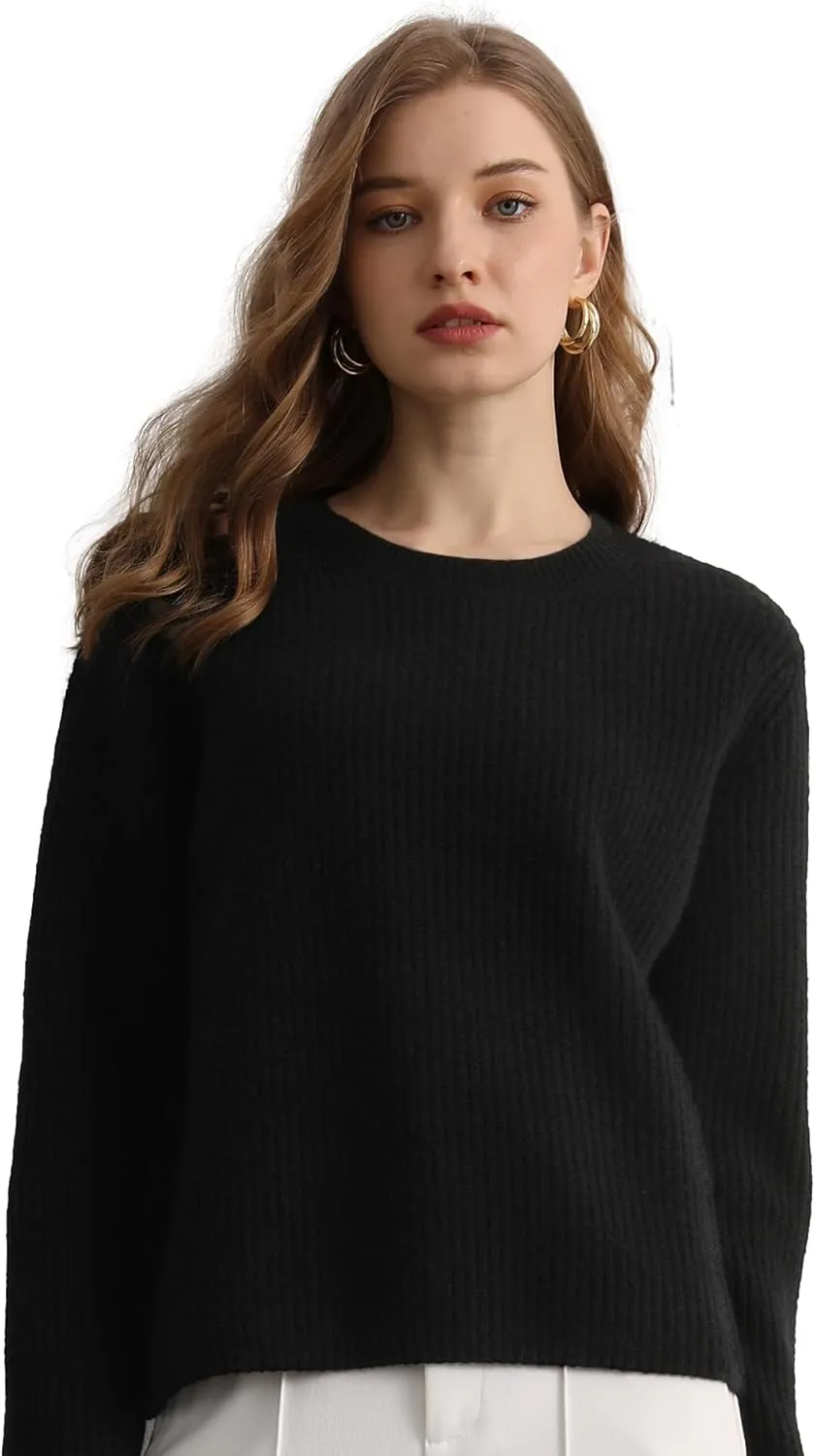 GreenMount Cashmere Sweaters for Women Essential Crewneck Ribbed Long Sleeve Pullover Sweater