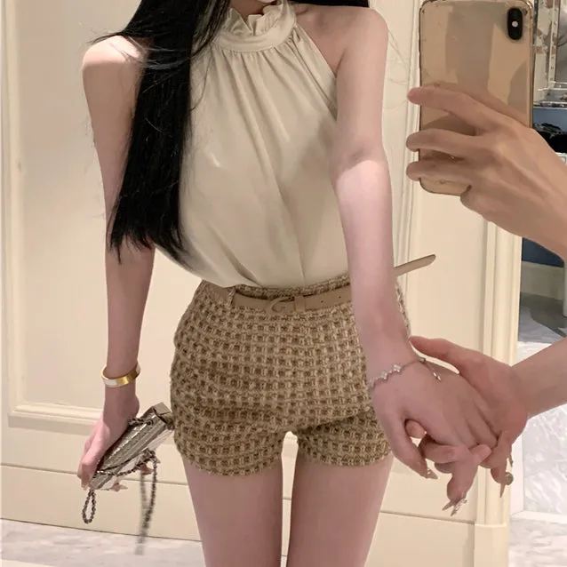 Halter Neck Sleeveless Top Plaid Belt Shorts Set