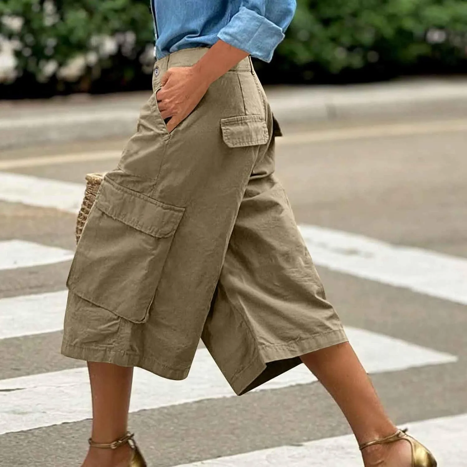 HGps8w Capris for Women Cargo Pants Summer Loose High Waisted Wide Leg Outdoor Hihing Work Trousers with Pockets