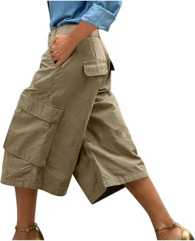 HGps8w Capris for Women Cargo Pants Summer Loose High Waisted Wide Leg Outdoor Hihing Work Trousers with Pockets