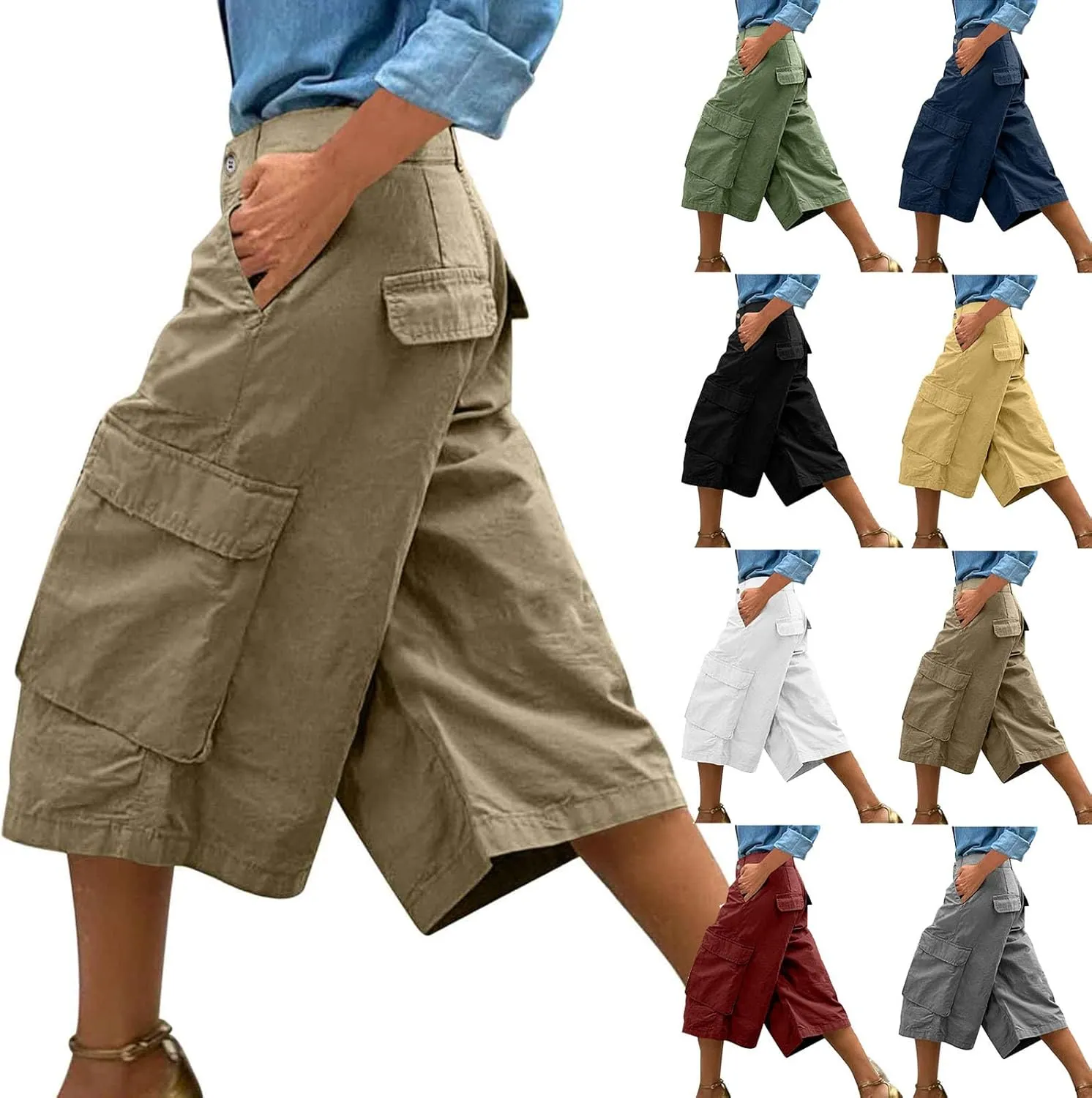 HGps8w Capris for Women Cargo Pants Summer Loose High Waisted Wide Leg Outdoor Hihing Work Trousers with Pockets