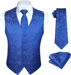 HISDERN 3PC Men's Paisley Floral Jacquard Suit Vest & Necktie and Pocket Square Formal Waistcoat for Tuxedo Wedding Party