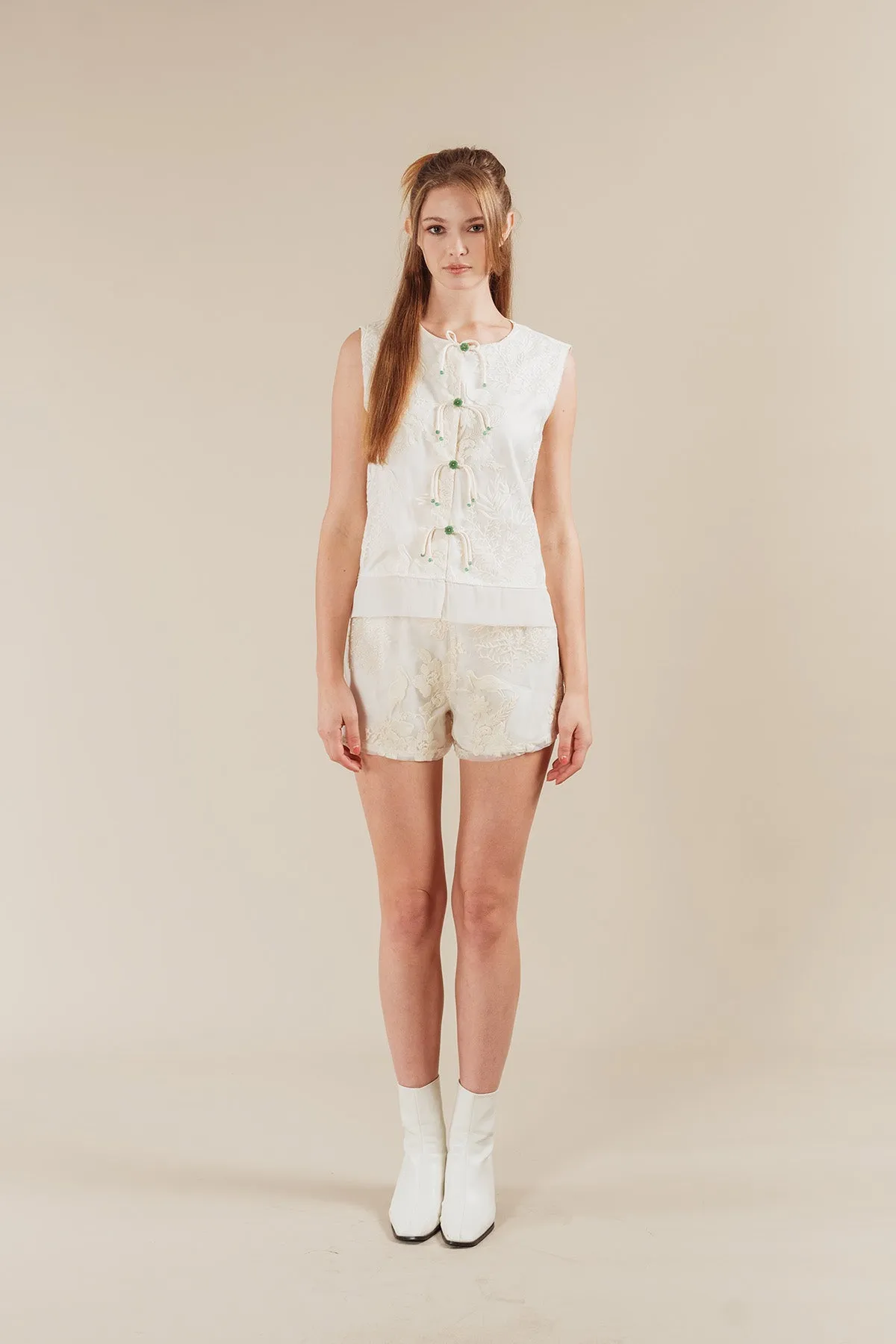 Idessa Chinese Style Embroidered Organza Vest and Shorts Set