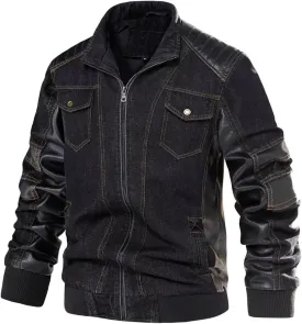 INVACHI Men's Denim Jacket Patchwork Faux Leather Motorcycle Jacket Slim Fit Biker Coat With Stand Collar