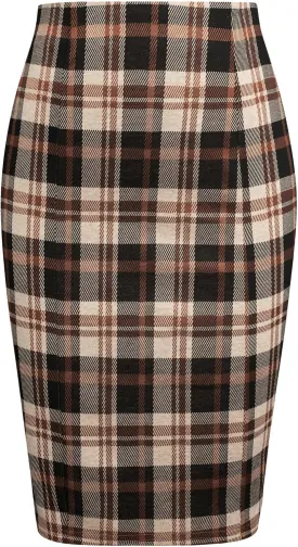 Kate Kasin Womens Knee Length Elastic Waist Stretchy Bodycon Plaid Business Pencil Skirt