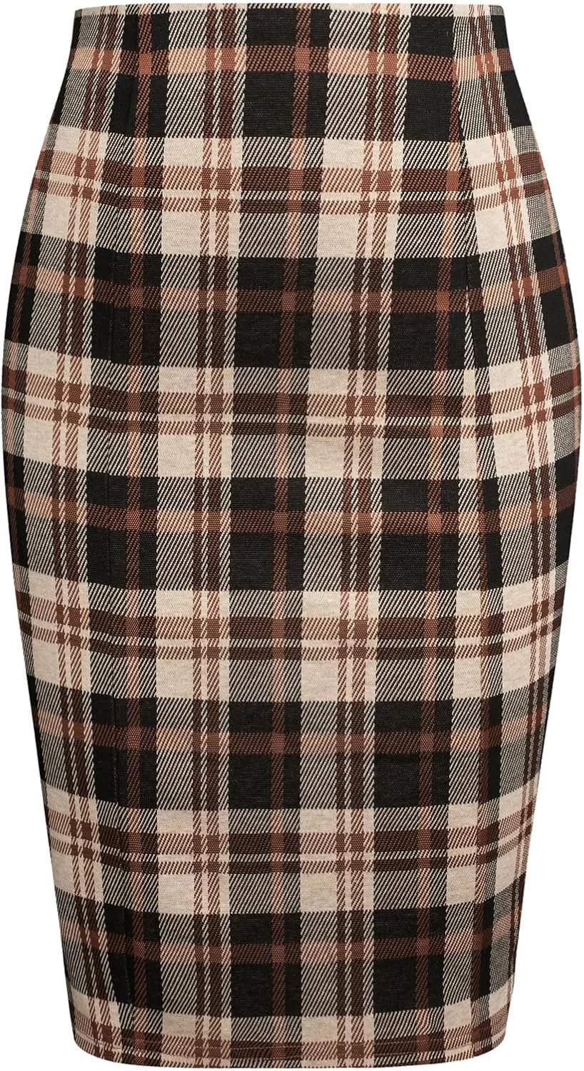 Kate Kasin Womens Knee Length Elastic Waist Stretchy Bodycon Plaid Business Pencil Skirt