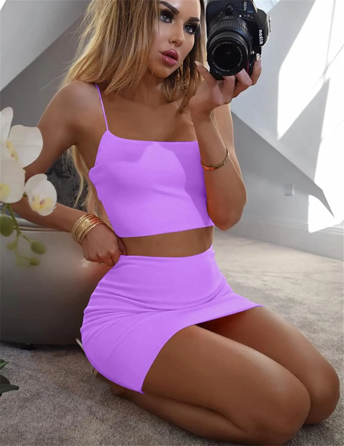 Kaximil Women's Summer 2 Piece Outfits Cami Crop Top Bodycon Skirt Mini Club Dress