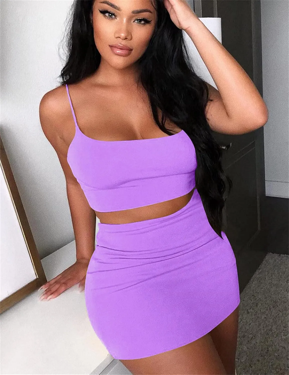 Kaximil Women's Summer 2 Piece Outfits Cami Crop Top Bodycon Skirt Mini Club Dress