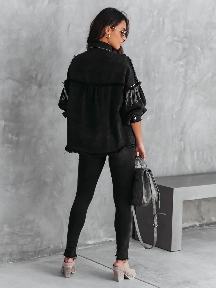 KNIGHTLY POCKETED STUDDED FRINGE DENIM JACKET