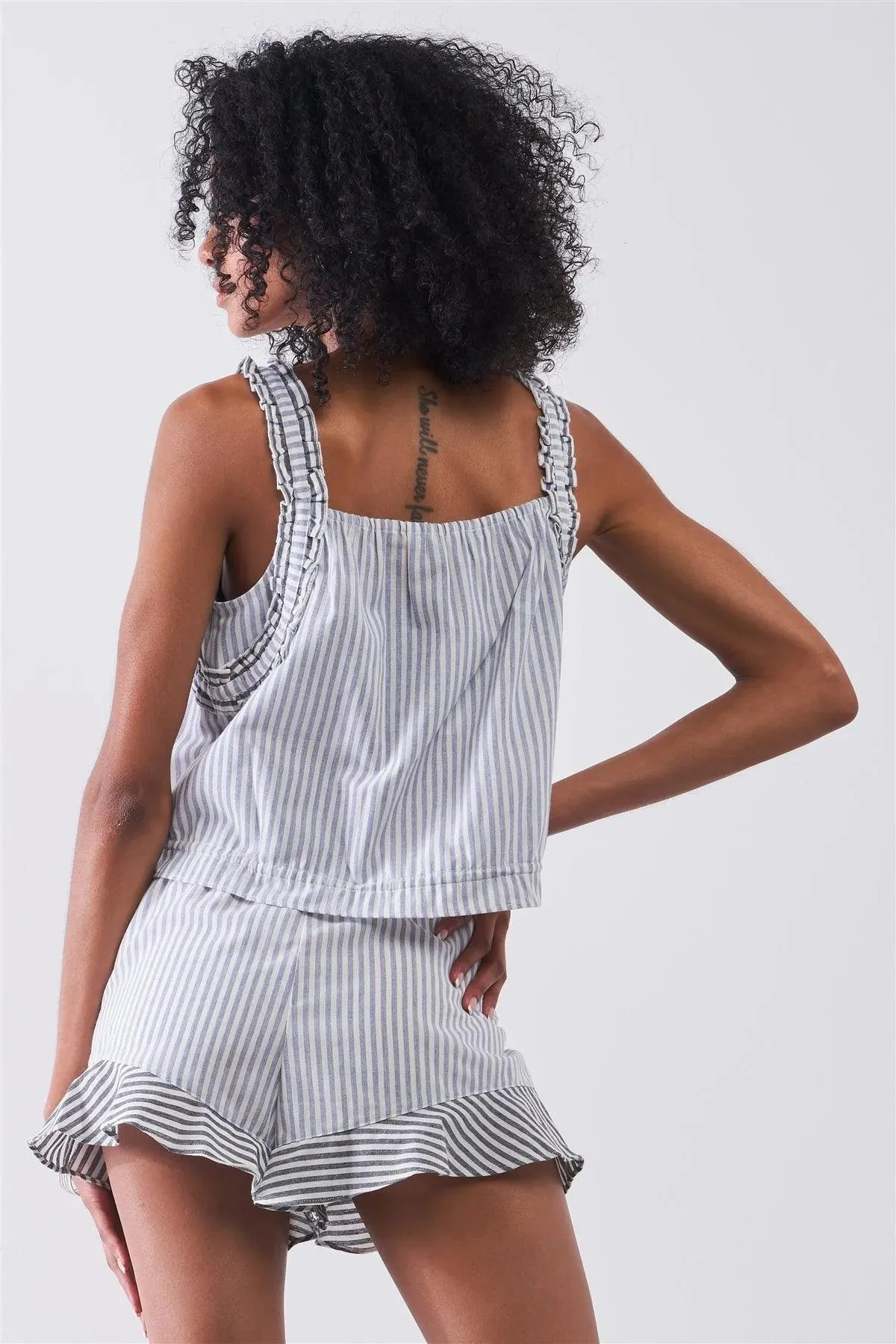 Light Blue & White Striped Sleeveless Ruffle Detail Crop Top & High Waist Ruffle Hem Mini Shorts Two-Piece Set /1-2-2-1