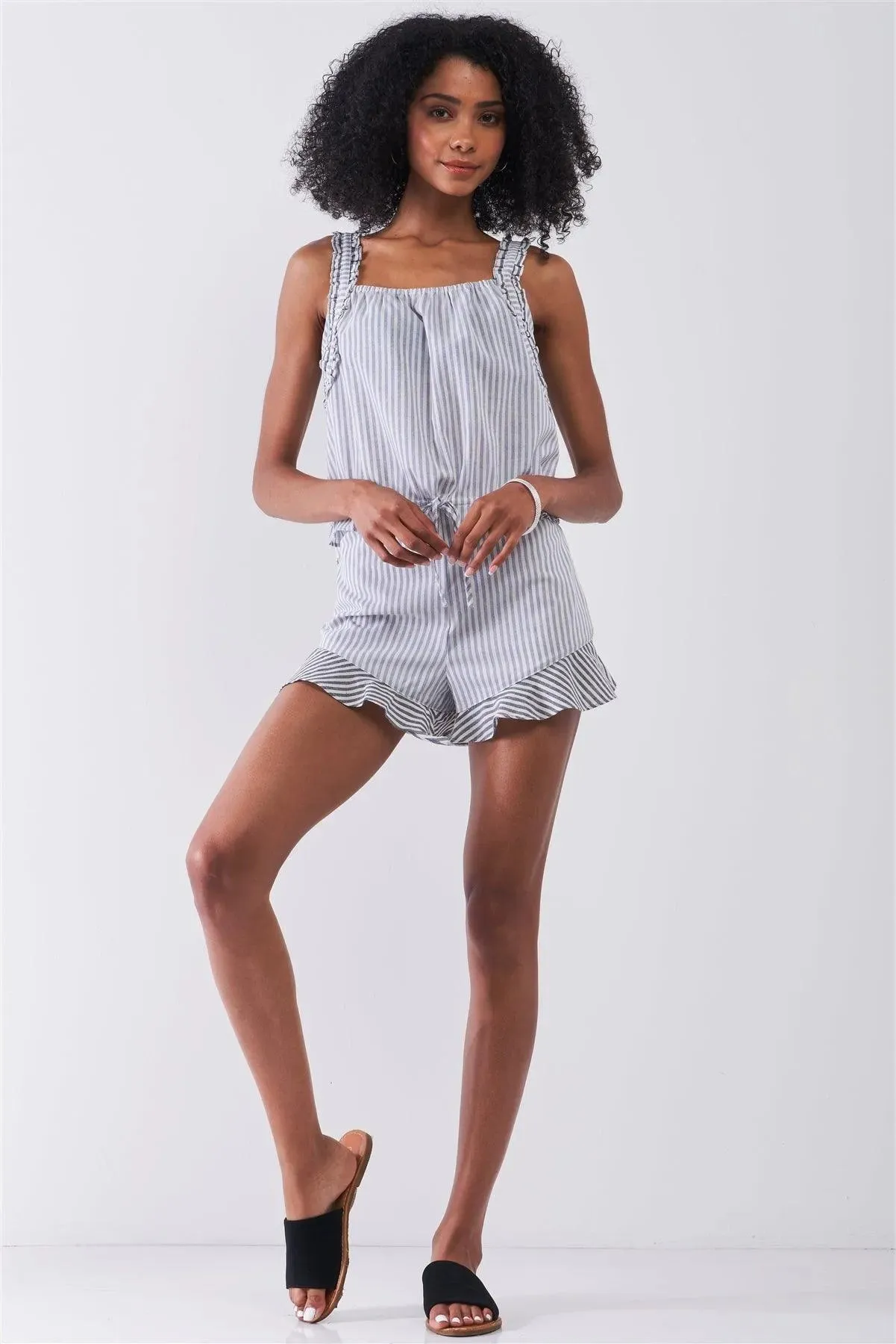 Light Blue & White Striped Sleeveless Ruffle Detail Crop Top & High Waist Ruffle Hem Mini Shorts Two-Piece Set /1-2-2-1