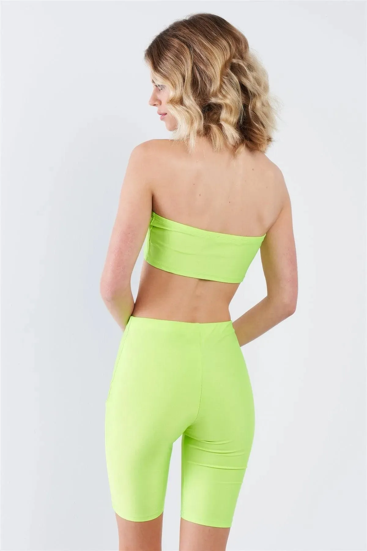 Lime Green Bandeau Elastic Crop & Solid Biker Shorts Set  /2-2-2