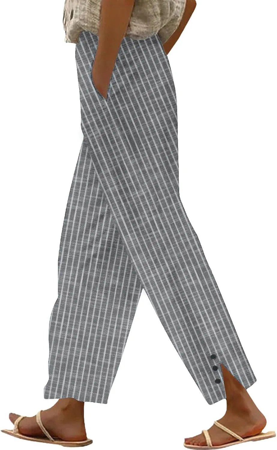 Linen Pants for Women Summer Elastic Drawstring Waist Straight Slit Leg Plus Size Crop Button Beach Capri Trousers