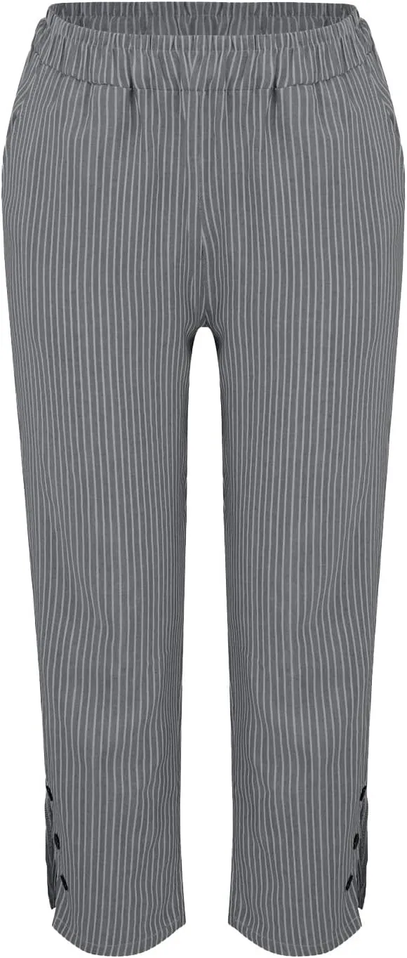 Linen Pants for Women Summer Elastic Drawstring Waist Straight Slit Leg Plus Size Crop Button Beach Capri Trousers