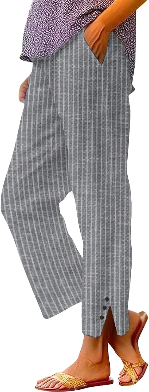 Linen Pants for Women Summer Elastic Drawstring Waist Straight Slit Leg Plus Size Crop Button Beach Capri Trousers