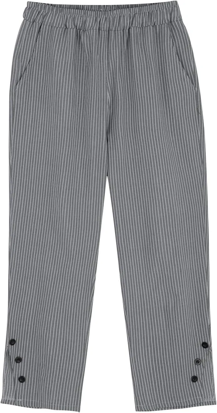 Linen Pants for Women Summer Elastic Drawstring Waist Straight Slit Leg Plus Size Crop Button Beach Capri Trousers