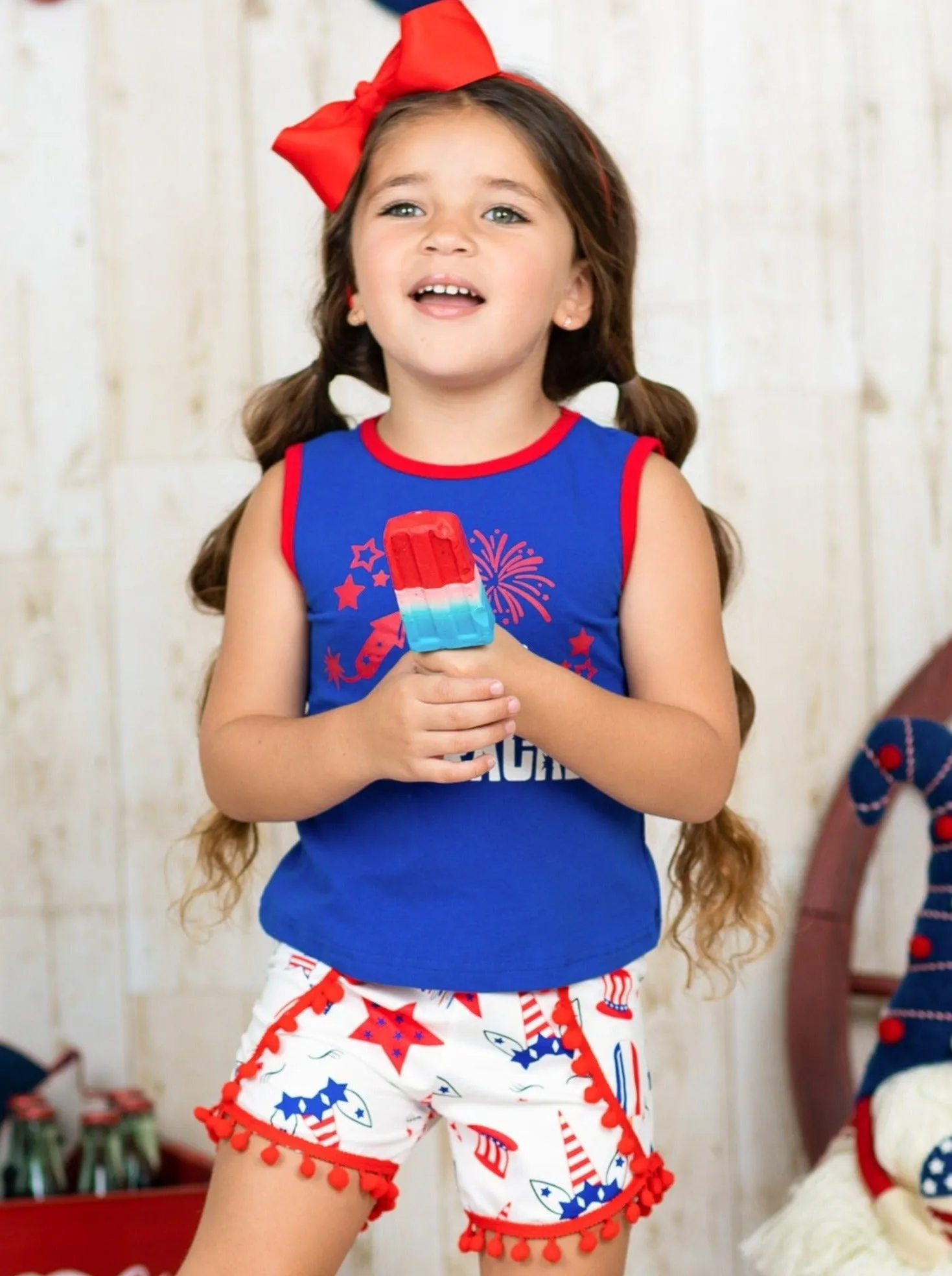 Little Firecracker Pom Pom Shorts Set