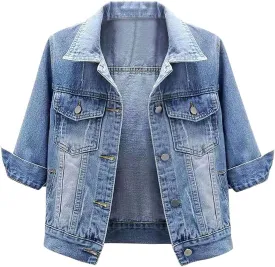 loveimgs Women Casual 3/4 Sleeve Button Down Cropped Denim Jean Jacket Motorcycle Short Jacket