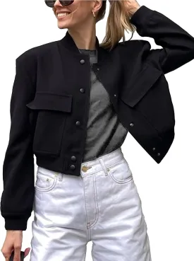 Lumister Women's Fashion Cropped Button Down Lightweight Cropped Bomber Jacket Varsity Shacket with Side Pockets